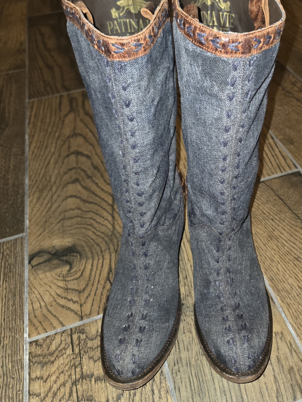Patina De La Vie Women's Denim Knee-High Heeled Boots in Dark Blue